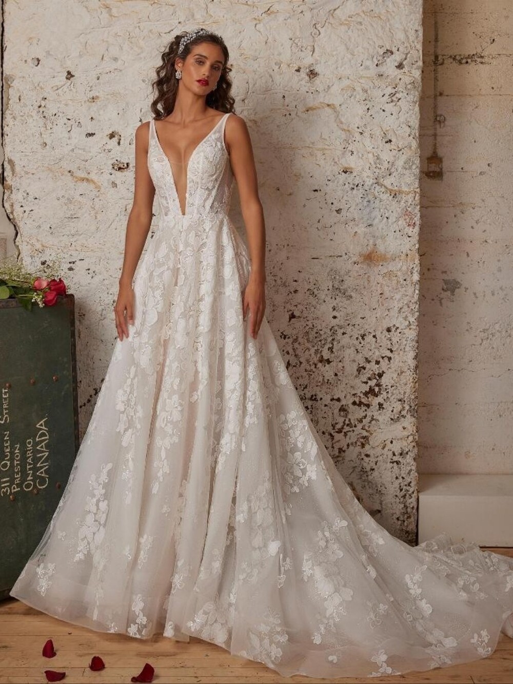 Romantic Ivory Floral A-Line Wedding Gown with Plunging V-Neck Calla Blanche